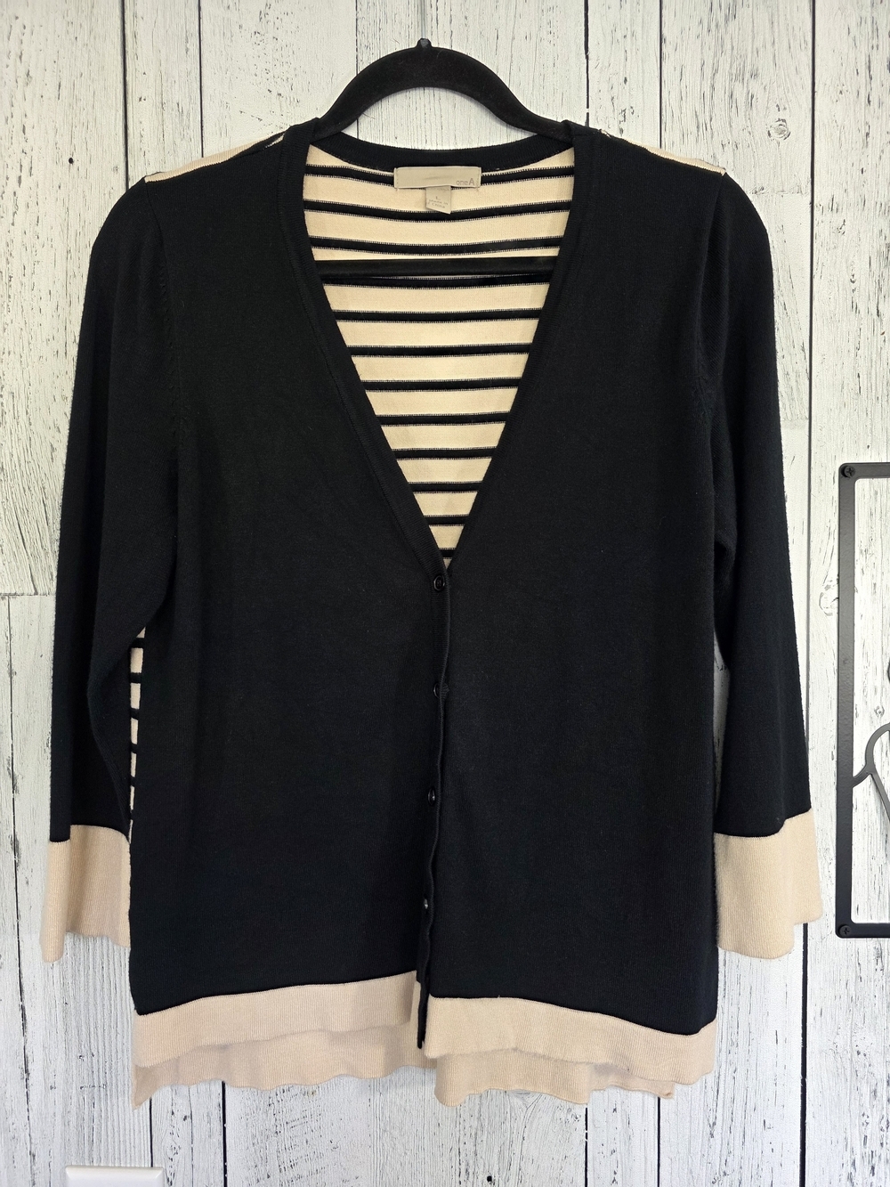 One A Black & Beige Striped Button Front Cardigan – Size L Casual Office Wear
